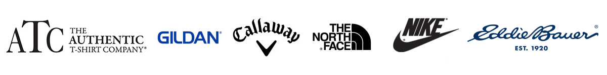 Logos of some of the custom apparel brands offered by Pixel Imaging: The Authentic T-Shirt Company, Gildan, Callaway, The North Face, Nike, Eddie Bauer